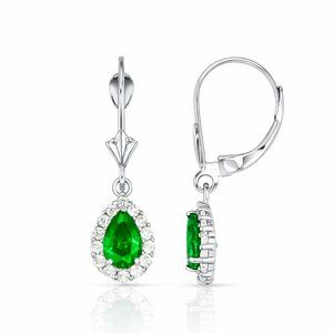 6x4mm Emerald Gemstone Dangle Leverback Earrings In 14K White Gold